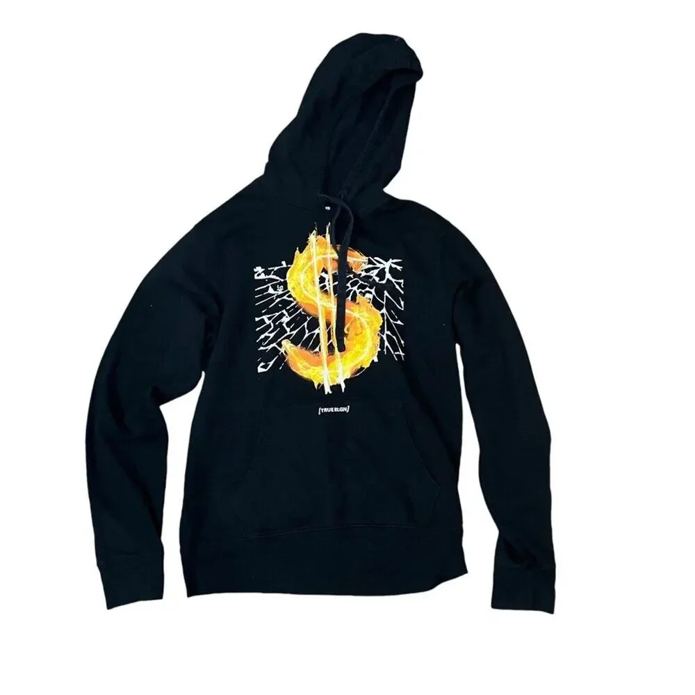 Vintage Y2K True Religion Flaming Dollar Sign Black Hoodie Mens Size Medium